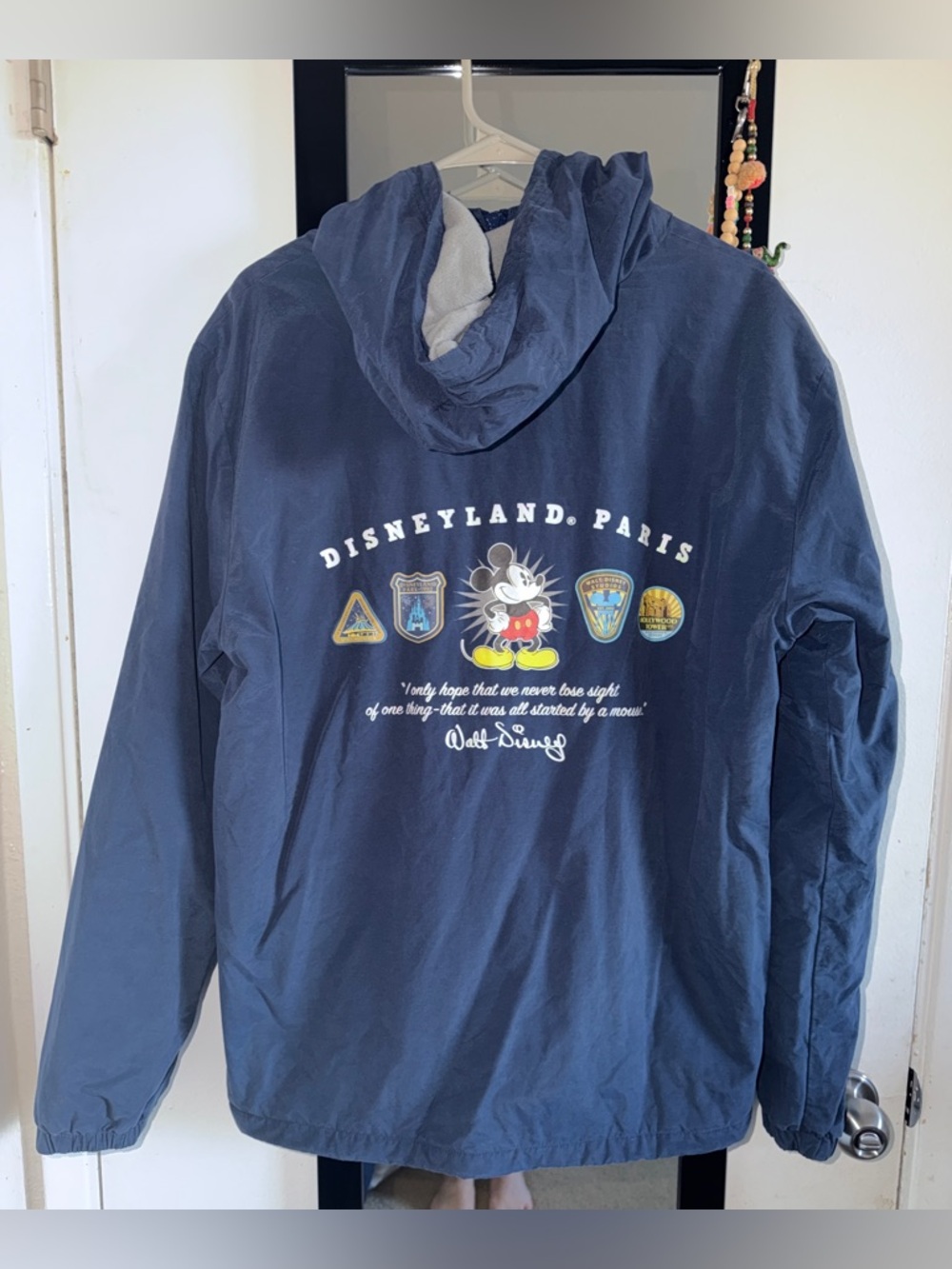 Disneyland Paris Mickey Mouse Navy Blue Windbreaker Jacket Fleece Lined Hood L
